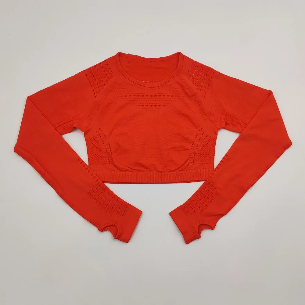 2021 New Women's Fitness T-Shirt Sport Crop Top Long Sleeve Layer Crew Neck Power Stretch Yoga Crop Top Sexy Gym Clothing