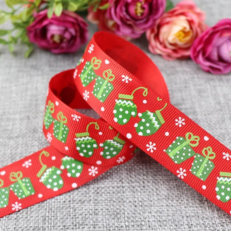 25mm 5 Yards Christmas Ribbon Printed Grosgrain Ribbon for Christmas Decoration Gift Wrapping Wedding Party DIY Hair Bows
