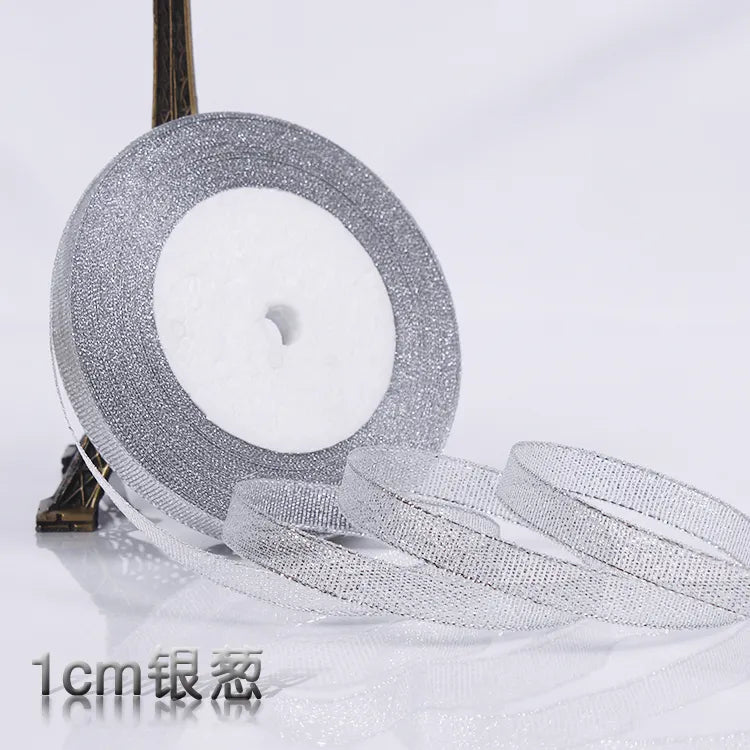 25Yards 6mm Silver Gold Glitter Silk Satin Ribbon Party Home Wedding Decoration Gift Wrapping Christmas Halloween DIY Material