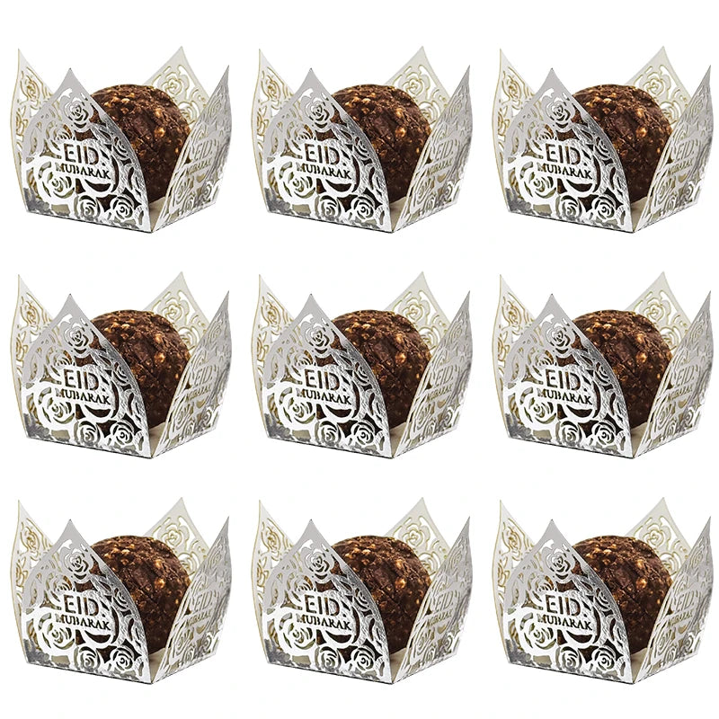 10-50Pcs Eid Mubarak Chocolate Wrappers Mini Baking Cups Cake Liner Ramadan Candy Gift Packaging Box Eid Party Decor Supplies
