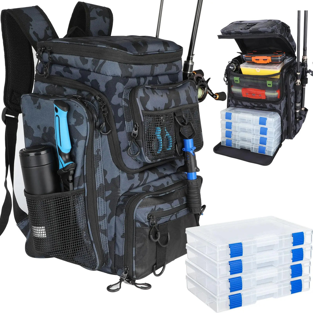 Fishing Backpack With Rod Holder 42L Large Water-Resistant Fishing Tackle Bag With 4 Tackle Boxes Store Fishing Gear for Fishing