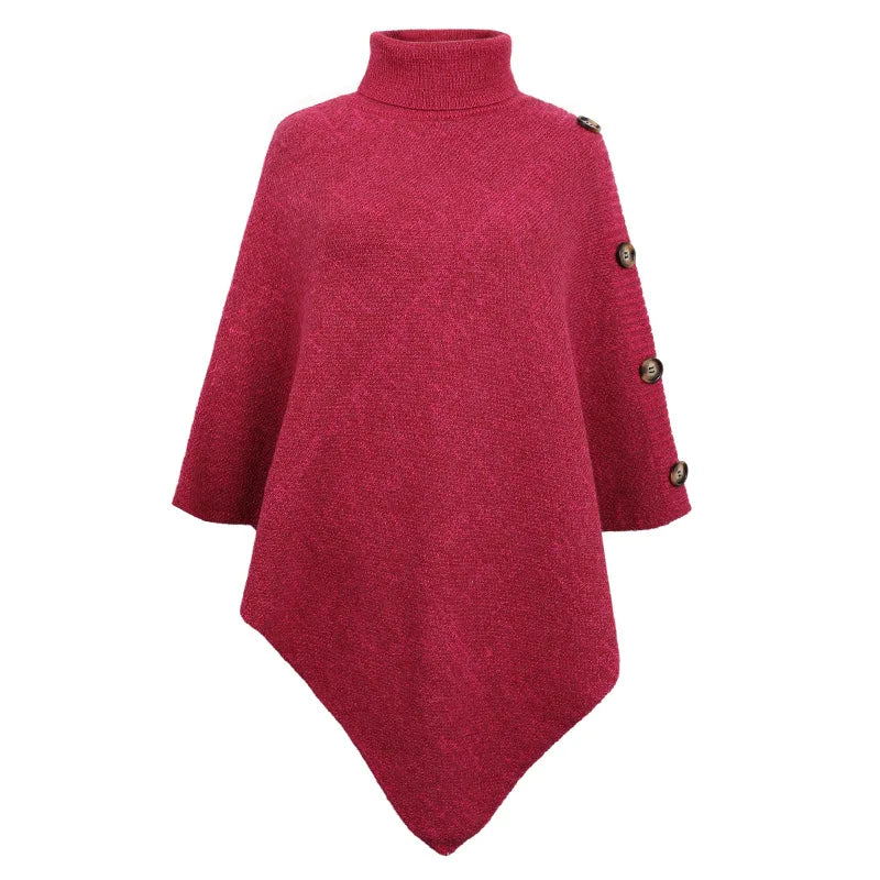 2023 Autumn Winter Button Poncho Women Sweater Oversized Turtleneck Jumper Knitwear Holiday Vintage Cape Batwing Sleeve Ponczo