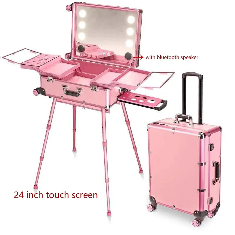 NEW Professional Rolling Cosmetic Case Beauty Makeup Trolley Suitcase LED Light Mirror Luggage Aluminum Frame Folding Table