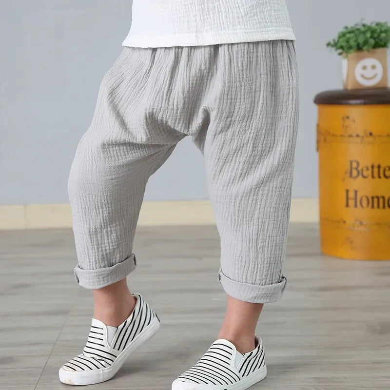 Kids Pants Boy Girl Summer Solid Color Linen Pleated Trousers Harem Pants