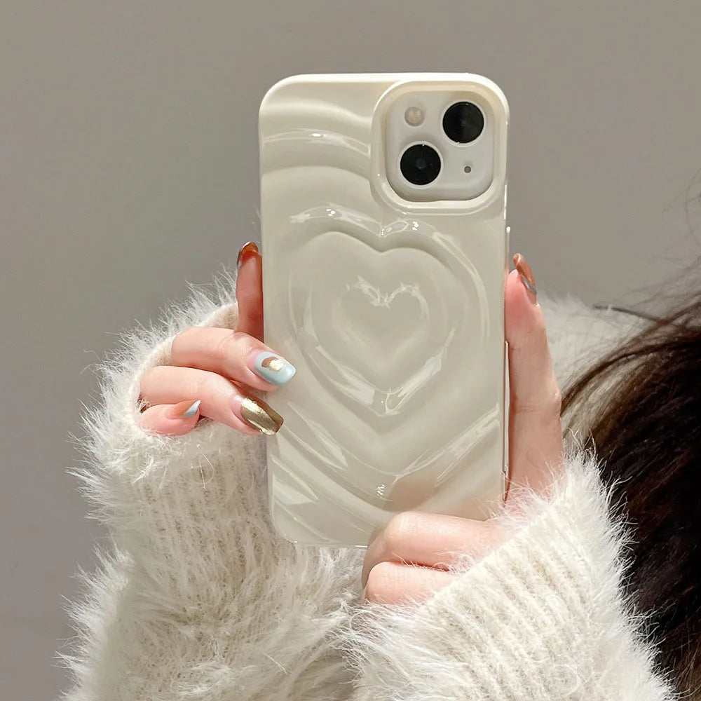 Luxury Electroplate Silver 3D Heart Water Ripple Phone Case for iPhone 14 13 12 11 15 Pro Max Cases Soft Silicone Shockproof