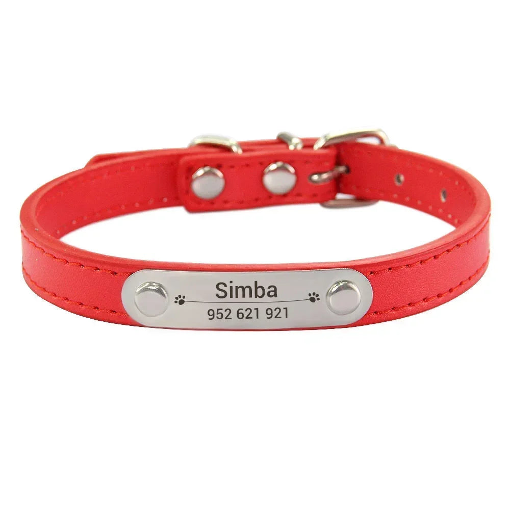 Personalized Dog Collar Name Carved ID Anti-Lost Solid PU Leather Collar for Small Medium Large Dogs Puppy Cat Pet Supplies Pink