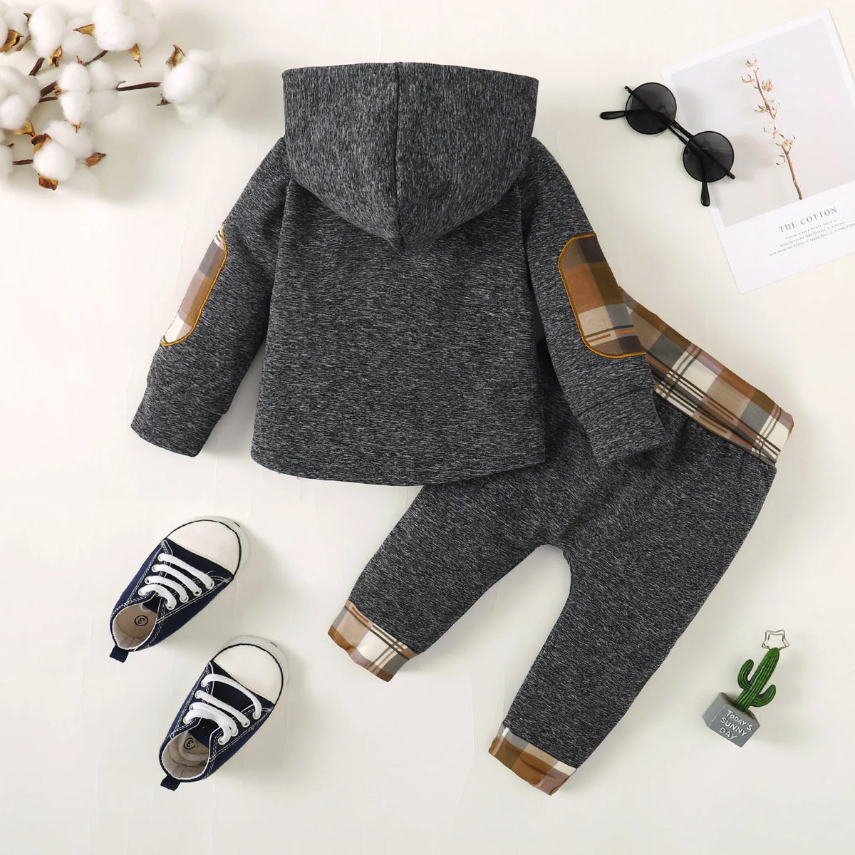 Winter Toddler Boy Hoodie Clothes Baby Outfits, Little Boys Plaid Spliced Long-Sleeved With Pants 2PCS Clothing Set