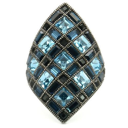 0W235 Ruthenium Brass Ring With Top Grade Crystal in Sea Blue