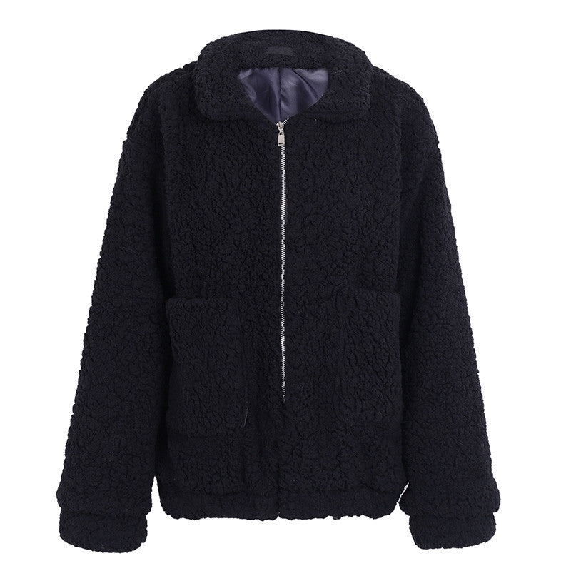 Faux Lambswool Oversized Jacket Coat Winter Black Warm Hairly Jacket Women Autumn Outerwear