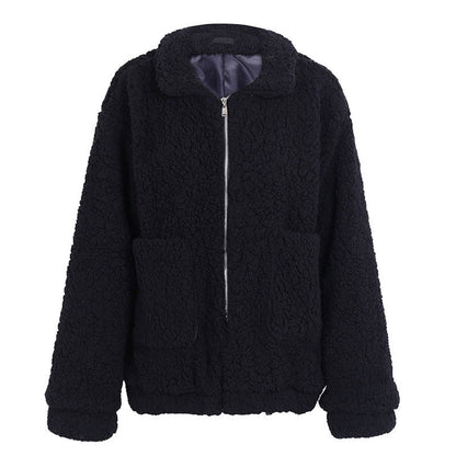 Faux Lambswool Oversized Jacket Coat Winter Black Warm Hairly Jacket Women Autumn Outerwear