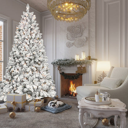 6FT Snow-Flocked Artificial Christmas Tree With Pine Cones, Prelit Xmas Trees, Hinged Easy Assembly & Reinforced Metal B