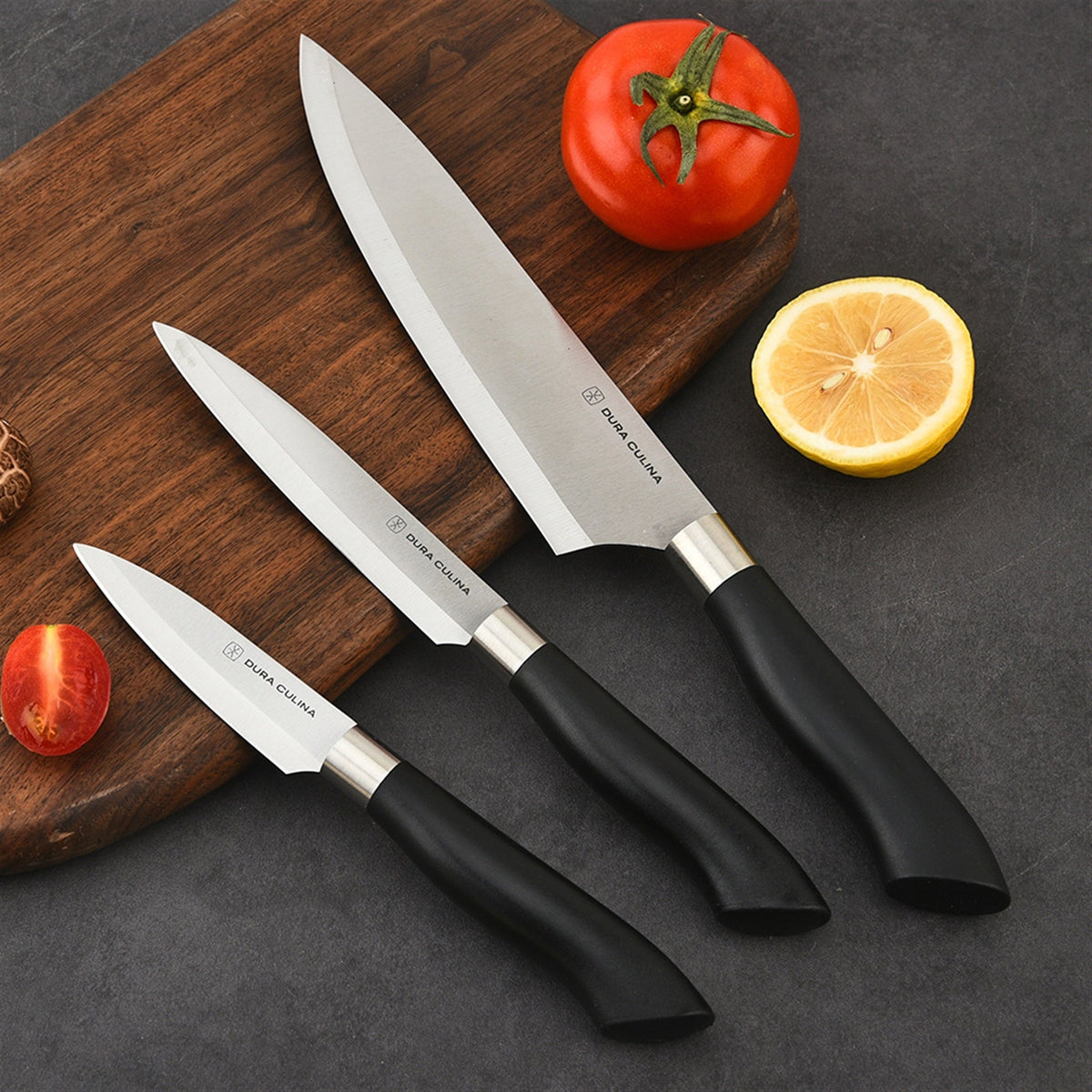 3 Piece Kitchen Knife Set With Matching Blade Guards, Black