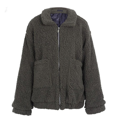 Faux Lambswool Oversized Jacket Coat Winter Black Warm Hairly Jacket Women Autumn Outerwear