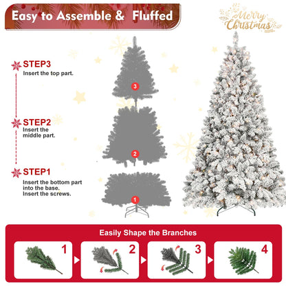 6FT Snow-Flocked Artificial Christmas Tree With Pine Cones, Prelit Xmas Trees, Hinged Easy Assembly & Reinforced Metal B