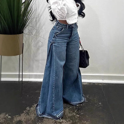 Loose Wide Leg Jeans Stitching Bell-Bottom Pants Tassel Trousers