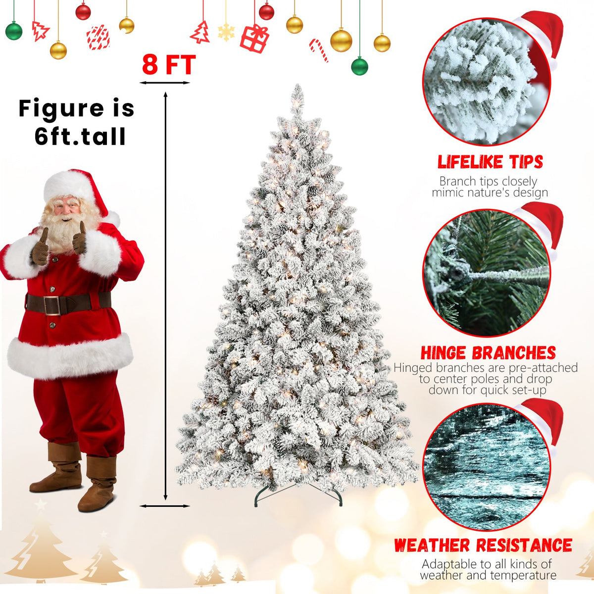 6FT Snow-Flocked Artificial Christmas Tree With Pine Cones, Prelit Xmas Trees, Hinged Easy Assembly & Reinforced Metal B