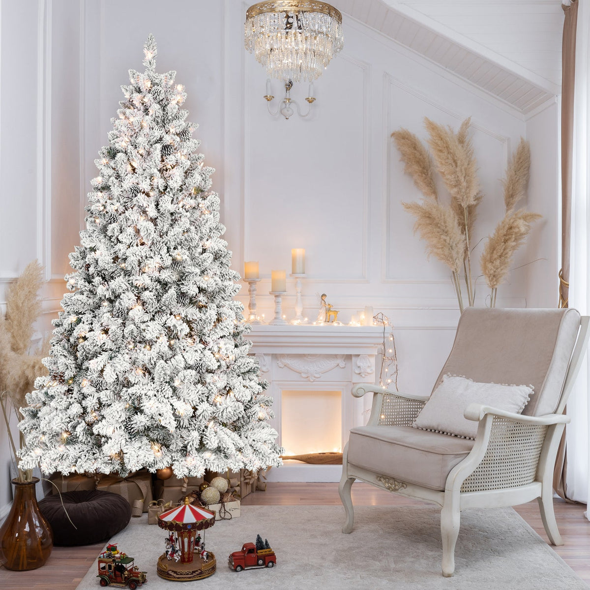 6FT Snow-Flocked Artificial Christmas Tree With Pine Cones, Prelit Xmas Trees, Hinged Easy Assembly & Reinforced Metal B