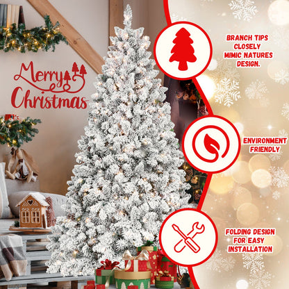 6FT Snow-Flocked Artificial Christmas Tree With Pine Cones, Prelit Xmas Trees, Hinged Easy Assembly & Reinforced Metal B