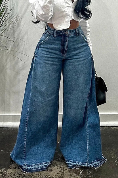 Loose Wide Leg Jeans Stitching Bell-Bottom Pants Tassel Trousers