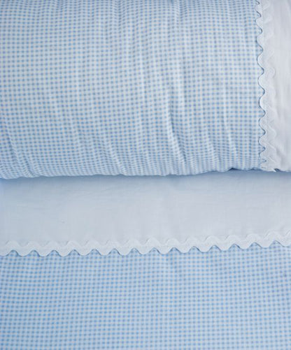 Funda Nórdica Para Bebé Con Diseño Vichy Azul, Con Detalle en Blanco Y Puntillas Para Cuna De 70