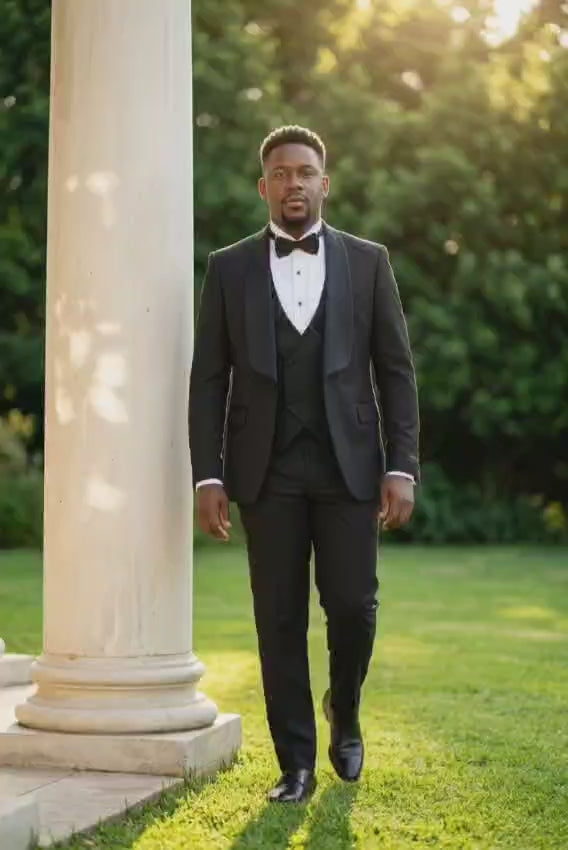 Classic Black Shawl Collar Tuxedo With Double-Breasted Vest