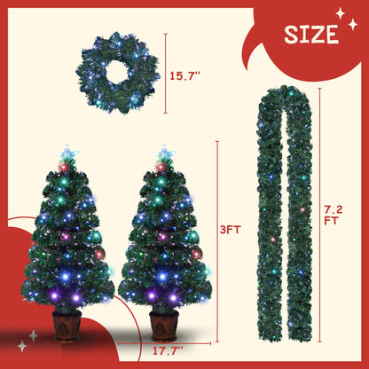 Pre-Lit Optical Fiber Christmas Artificial Tree 4-Piece Set, Christmas Garland, Wreath and Set of 2 Entrance Trees With