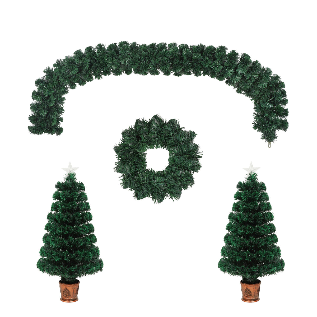 Pre-Lit Optical Fiber Christmas Artificial Tree 4-Piece Set, Christmas Garland, Wreath and Set of 2 Entrance Trees With
