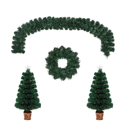 Pre-Lit Optical Fiber Christmas Artificial Tree 4-Piece Set, Christmas Garland, Wreath and Set of 2 Entrance Trees With