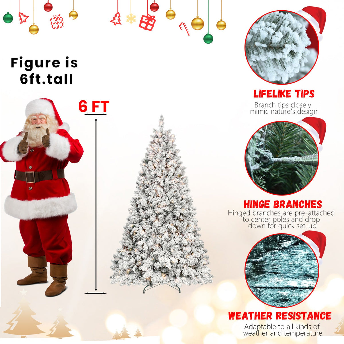6FT Snow-Flocked Artificial Christmas Tree With Pine Cones, Prelit Xmas Trees, Hinged Easy Assembly & Reinforced Metal B
