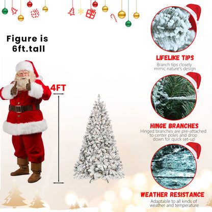 6FT Snow-Flocked Artificial Christmas Tree With Pine Cones, Prelit Xmas Trees, Hinged Easy Assembly & Reinforced Metal B