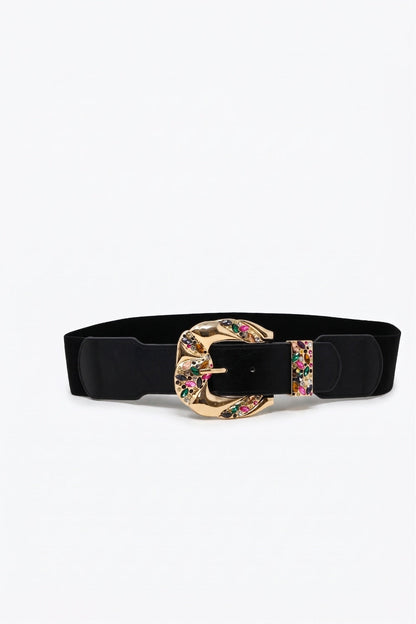 Black Faux Leather Embellished Gold Buckle Wide Waist Belt