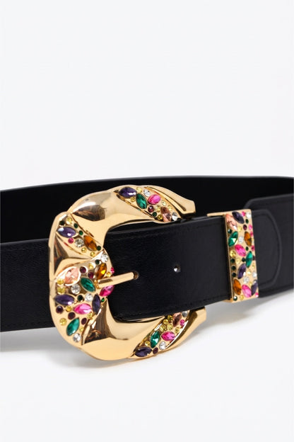 Black Faux Leather Embellished Gold Buckle Wide Waist Belt