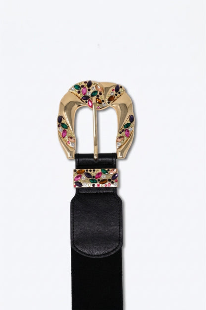 Black Faux Leather Embellished Gold Buckle Wide Waist Belt