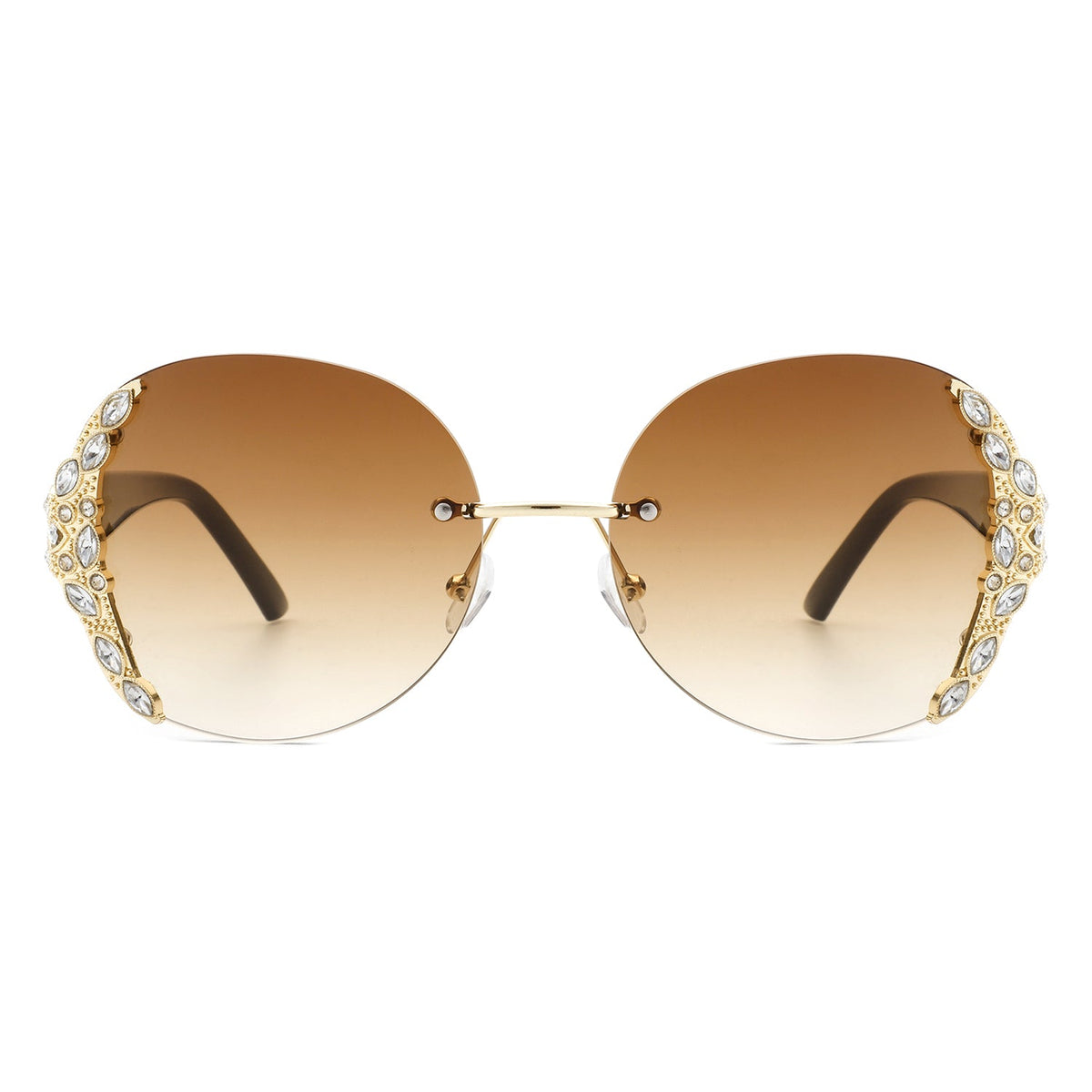 Jadeisle - Women Oval Rimless Rhinestone Design Round Oversize Sunglasses