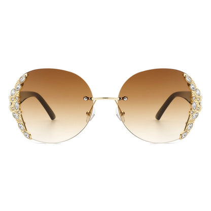 Jadeisle - Women Oval Rimless Rhinestone Design Round Oversize Sunglasses