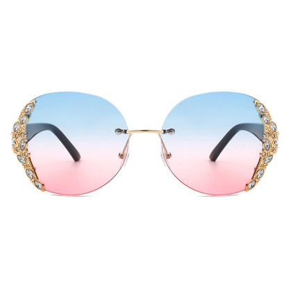Jadeisle - Women Oval Rimless Rhinestone Design Round Oversize Sunglasses