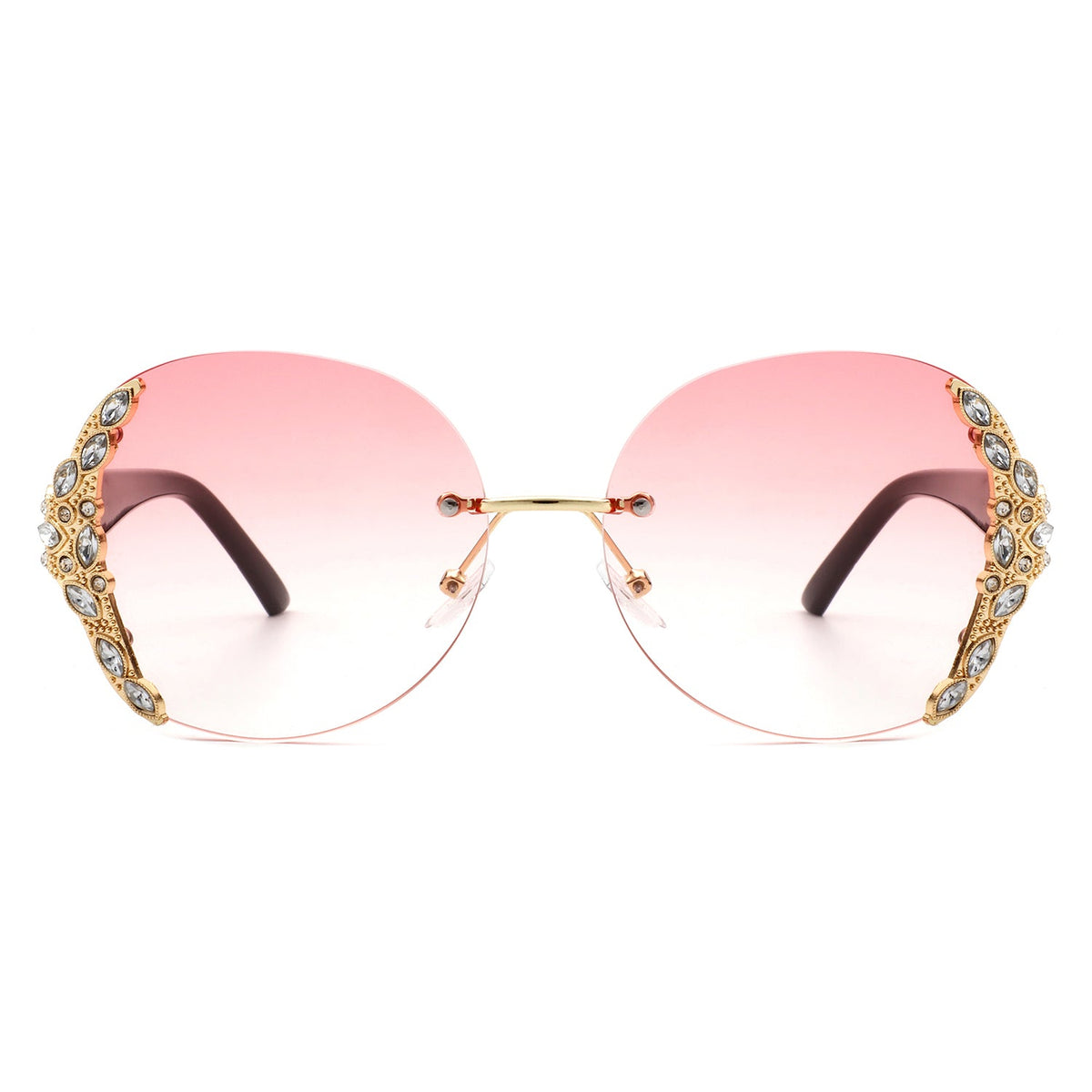 Jadeisle - Women Oval Rimless Rhinestone Design Round Oversize Sunglasses