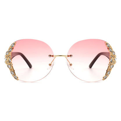 Jadeisle - Women Oval Rimless Rhinestone Design Round Oversize Sunglasses