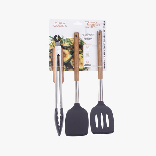 3-Piece Kitchen Tool Set - Acacia Wood & Stainless Steel Handles, Silicone Heads, Non-Stick Safe, Black