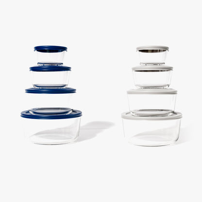 16 Piece Set (8 Containers + 8 Lids) Round Nesting Glass Storage Containers, Blue