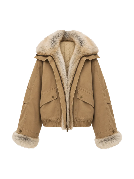 Firelady Fur Women‘s Cropped Fur Parka With Raccoon Fur Trim & 90% Goose Down | Multi-Pocket Utility Style “Nordic Woods