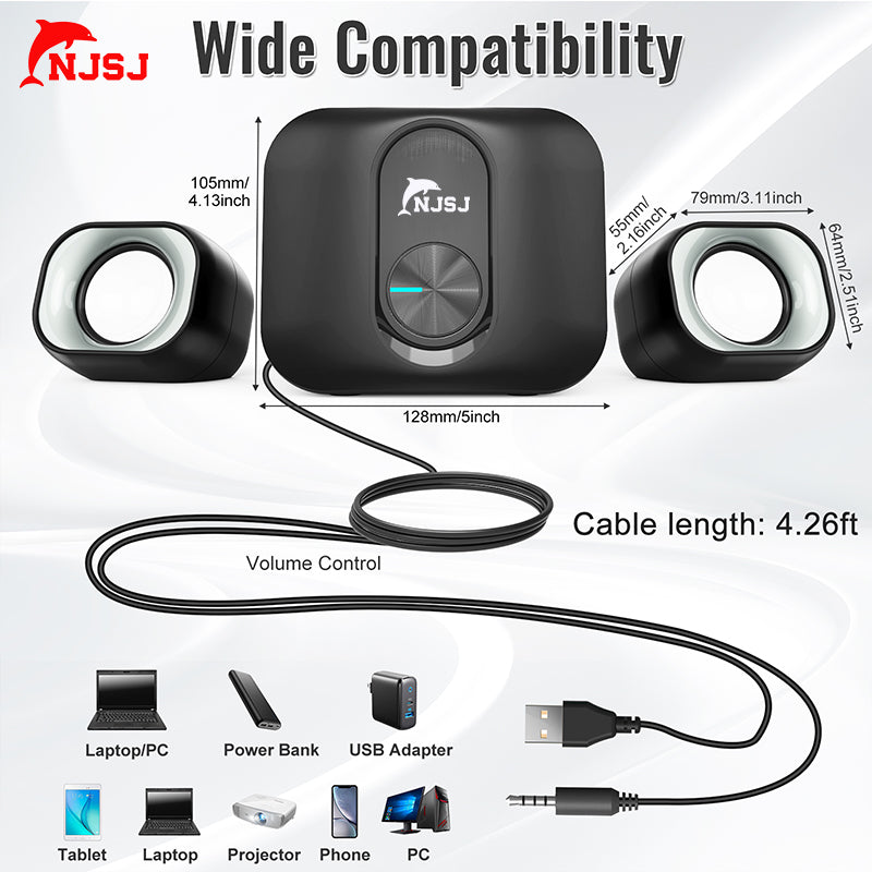 NJSJ 3W 2.1 RGB Computer Speaker With Subwoofer Great for Multimedia Laptop or PC Computers Perfect for Music Movies and Gaming