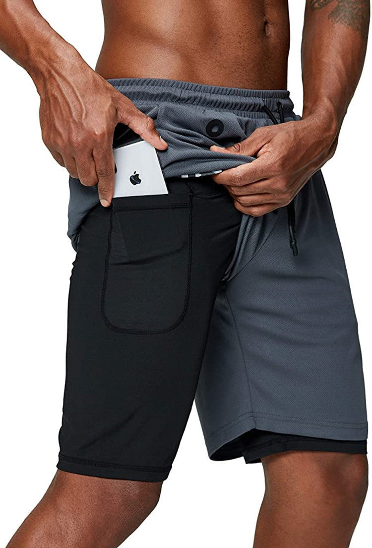 2 in 1 Gym Wear Cross Fit Shorts Mens Gym Workout Short Sports Running Shorts With Inner Phone Pocket Compression Gym Shorts