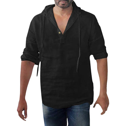 Men's Casual Cotton Linen Hooded Long Sleeve Shirt Plus Size