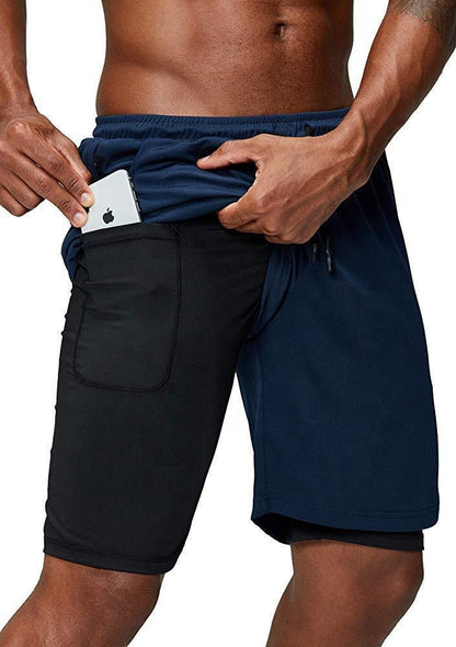 2 in 1 Gym Wear Cross Fit Shorts Mens Gym Workout Short Sports Running Shorts With Inner Phone Pocket Compression Gym Shorts