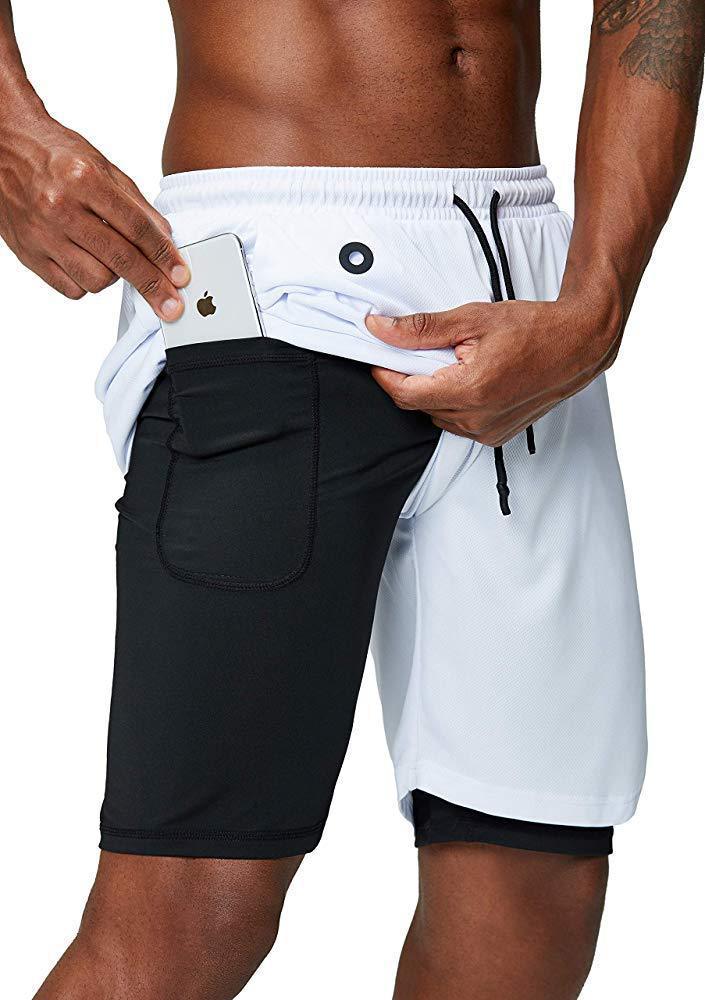 2 in 1 Gym Wear Cross Fit Shorts Mens Gym Workout Short Sports Running Shorts With Inner Phone Pocket Compression Gym Shorts