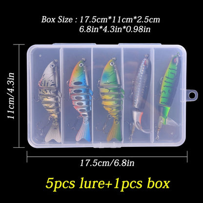 5pcs/Box 100mm Floating Popper Fishing Lure Set Artificial Hard Bait Lures Soft Rotating Tail Fishing Tackle Box