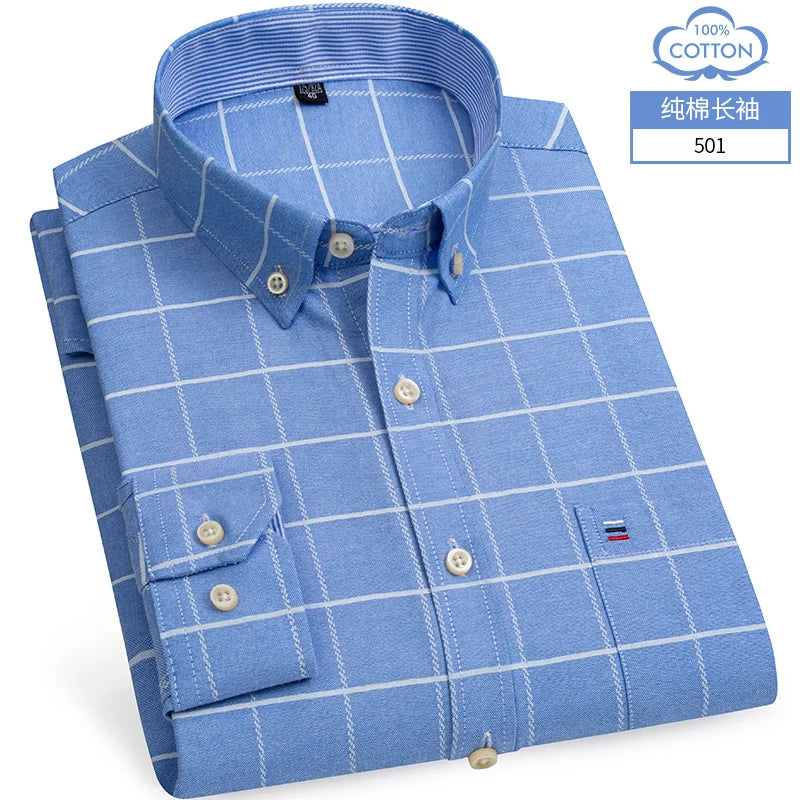 Men's Cotton Oxford Plaid Long Sleeve Casual Shirt with Pocket