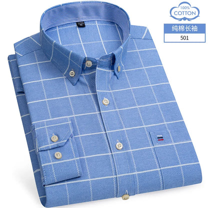 Men's Cotton Oxford Plaid Long Sleeve Casual Shirt with Pocket