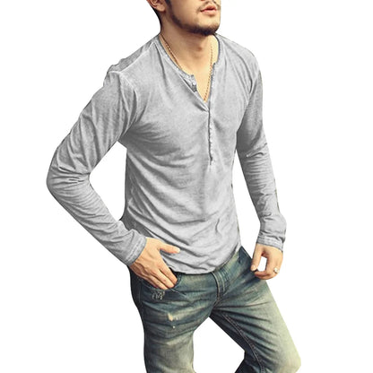 Men's Cotton V-Neck Long Sleeve Button Shirt Casual 5XL